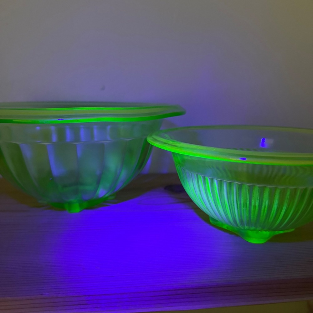 Vintage Hazel Atlas Uranium Glass Mixing Bowls Set of 2 Vaseline Depression UV